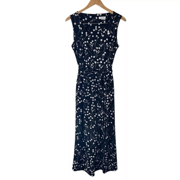 Calvin Klein Floral Jumpsuit Size 12 Black and White Sleeveless Floral Waist Tie - Picture 1 of 9